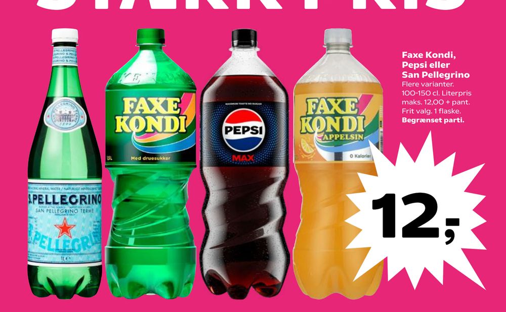 Tilbud på Faxe Kondi, Pepsi eller San Pellegrino fra SuperBrugsen til 12 kr.