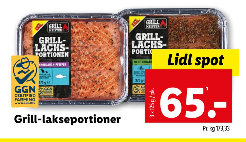 Tilbud på Grill-lakseportioner fra Lidl til 65 kr.