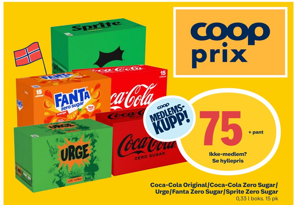 Tilbud på Coca-Cola Original/Coca-Cola Zero Sugar/ Urge/Fanta Zero Sugar/Sprite Zero Sugar fra Coop Prix til 75 kr
