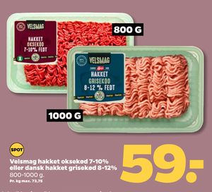 Velsmag hakket oksekød 7-10% eller dansk hakket grisekød 8-12%