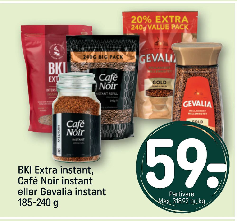 Tilbud på BKI Extra instant, Café Noir instant eller Gevalia instant 185-240 g fra REMA 1000 til 59 kr.