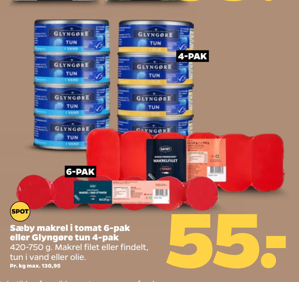 Tilbud på Sæby makrel i tomat 6-pak eller Glyngøre tun 4-pak fra Netto til 55 kr.