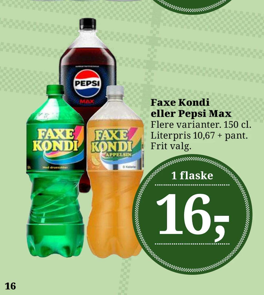Tilbud på Faxe Kondi eller Pepsi Max fra Brugsen til 16 kr.