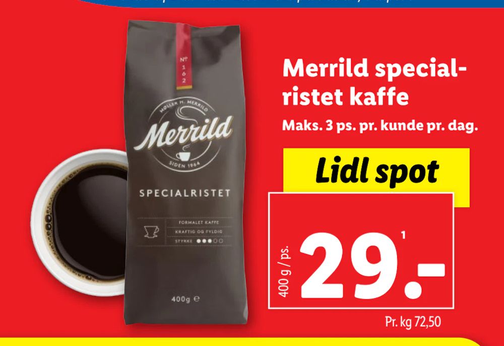 Tilbud på Merrild specialristet kaffe fra Lidl til 29 kr.