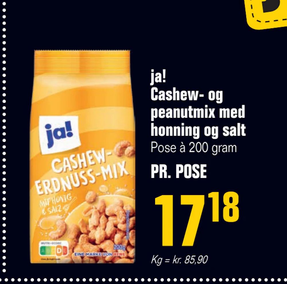 Tilbud på ja! Cashew- og peanutmix med honning og salt fra Otto Duborg til 17,18 kr.