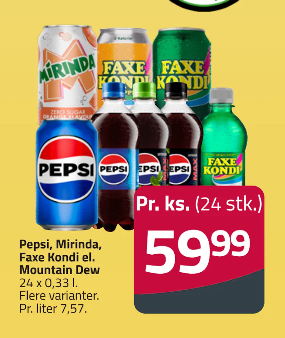 Tilbud på Pepsi, Mirinda, Faxe Kondi el. Mountain Dew fra Fleggaard til 59,99 kr.