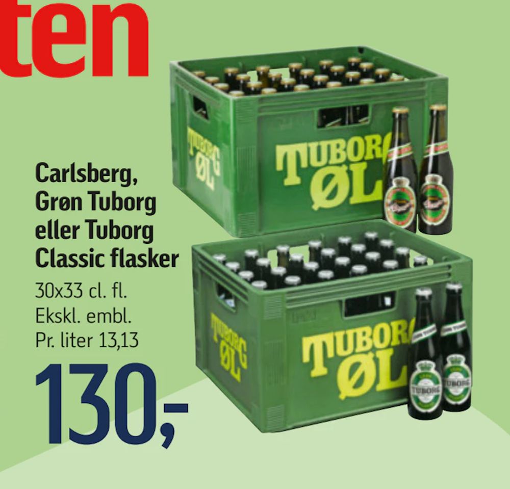 Tilbud på Carlsberg, Grøn Tuborg eller Tuborg Classic flasker fra føtex til 130 kr.