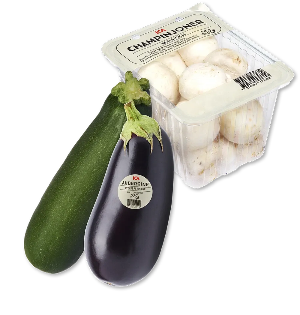 Erbjudanden på Champinjoner i ask, Zucchini, Aubergine (ICA) från ICA Maxi Stormarknad för 25 kr