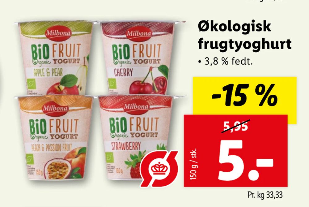 Tilbud på Økologisk frugtyoghurt fra Lidl til 5 kr.
