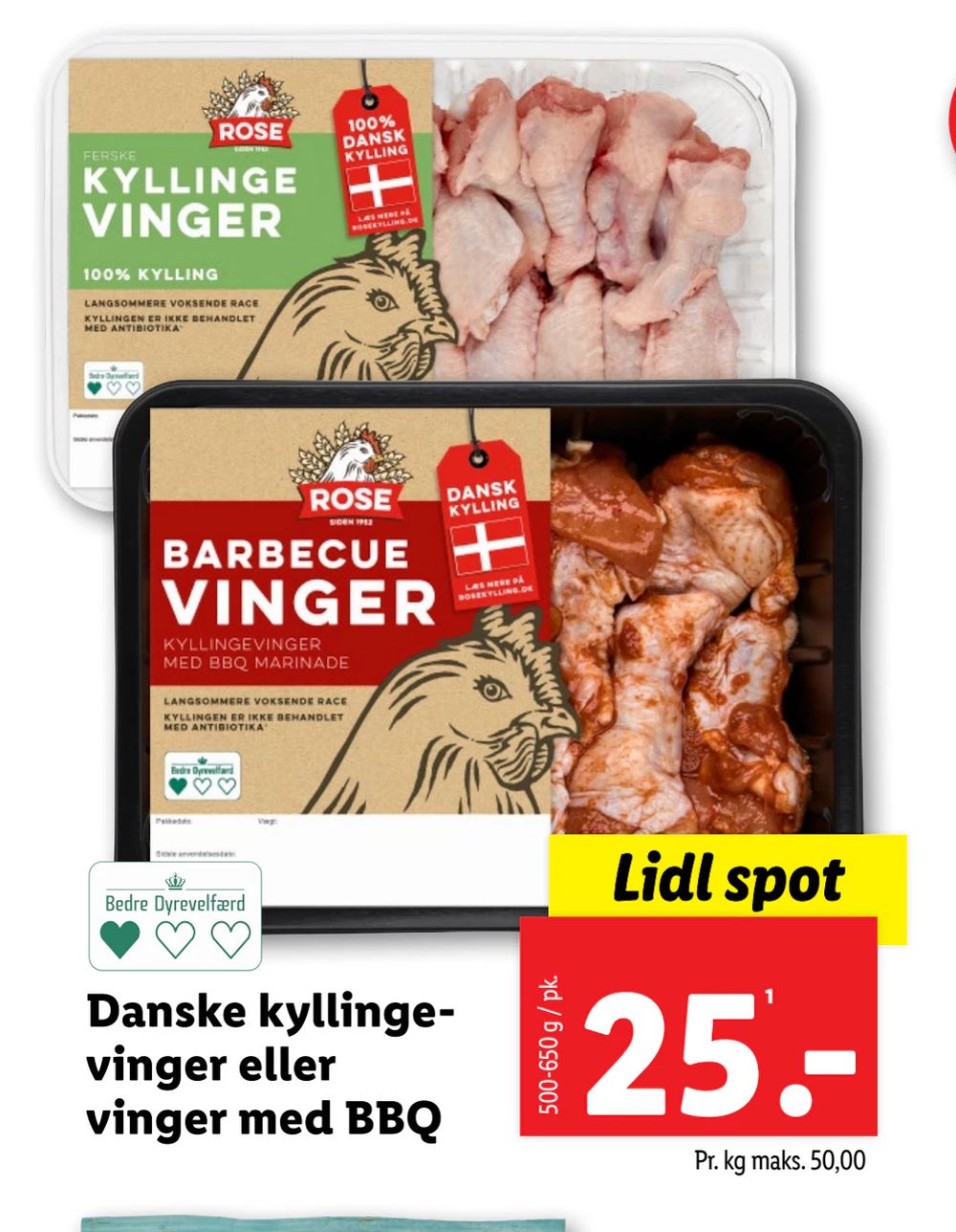 Tilbud på Danske kyllingevinger eller vinger med BBQ fra Lidl til 25 kr.