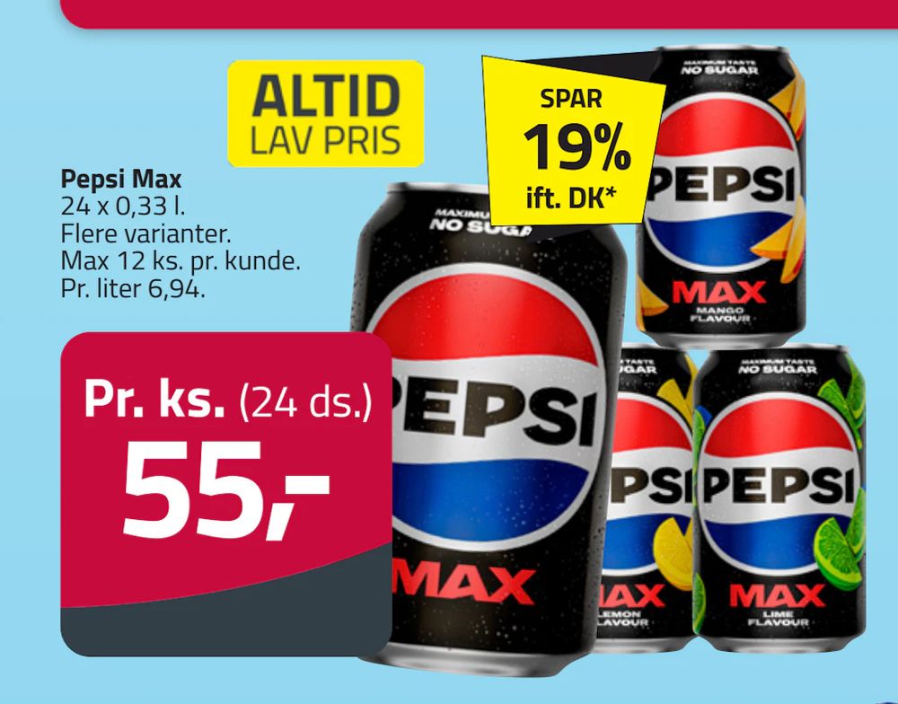 Tilbud på Pepsi Max fra Fleggaard til 55 kr.