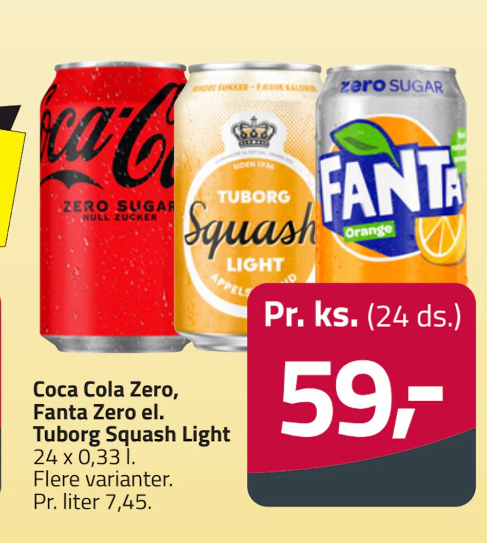 Tilbud på Coca Cola Zero, Fanta Zero el. Tuborg Squash Light fra Fleggaard til 59 kr.