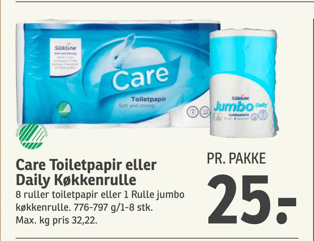 Tilbud på Care Toiletpapir eller Daily Køkkenrulle fra SPAR til 25 kr.