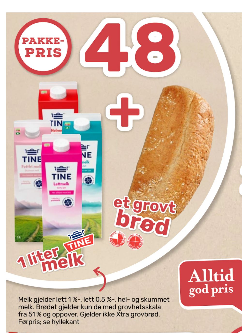 Tilbud på 1 liter Tine melk + et grovt brød fra Matkroken til 48 kr