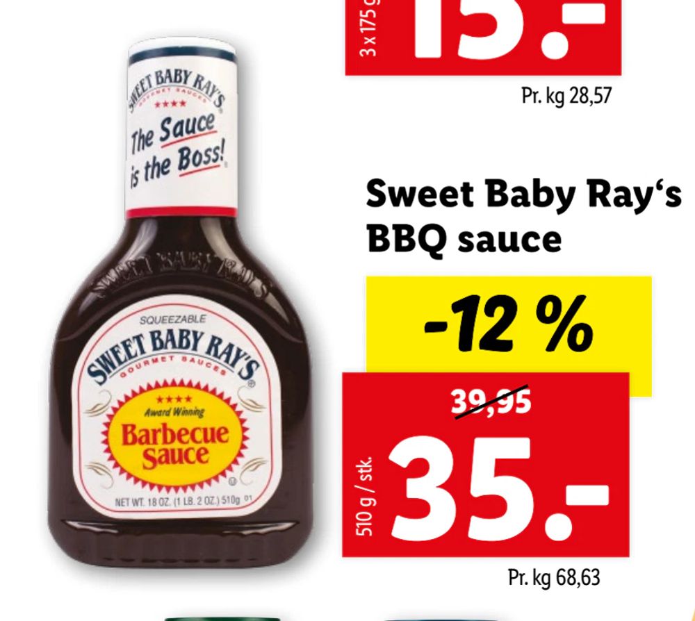 Tilbud på Sweet Baby Ray‘s BBQ sauce fra Lidl til 35 kr.