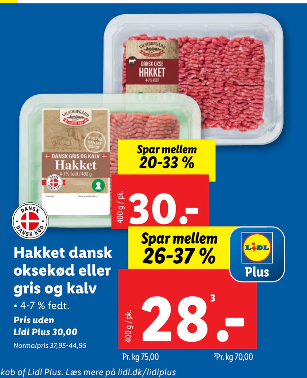 Tilbud på Hakket dansk oksekød eller gris og kalv fra Lidl til 28 kr.