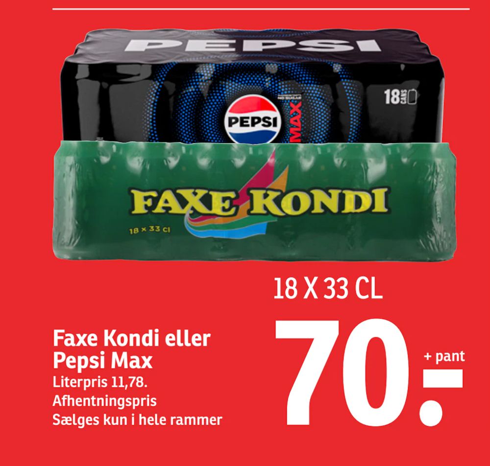 Tilbud på Faxe Kondi eller Pepsi Max fra SPAR til 70 kr.