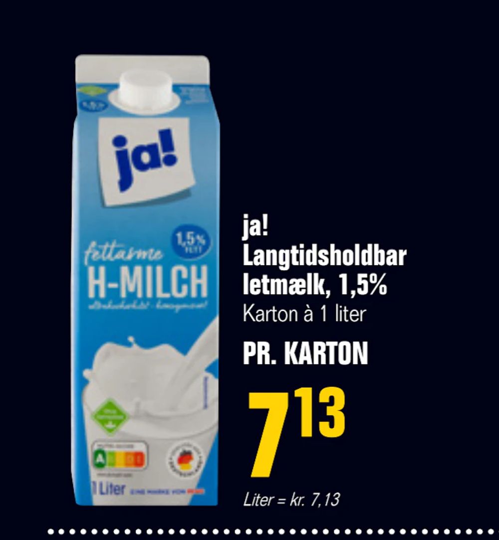 Tilbud på ja! Langtidsholdbar letmælk, 1,5% fra Otto Duborg til 7,13 kr.