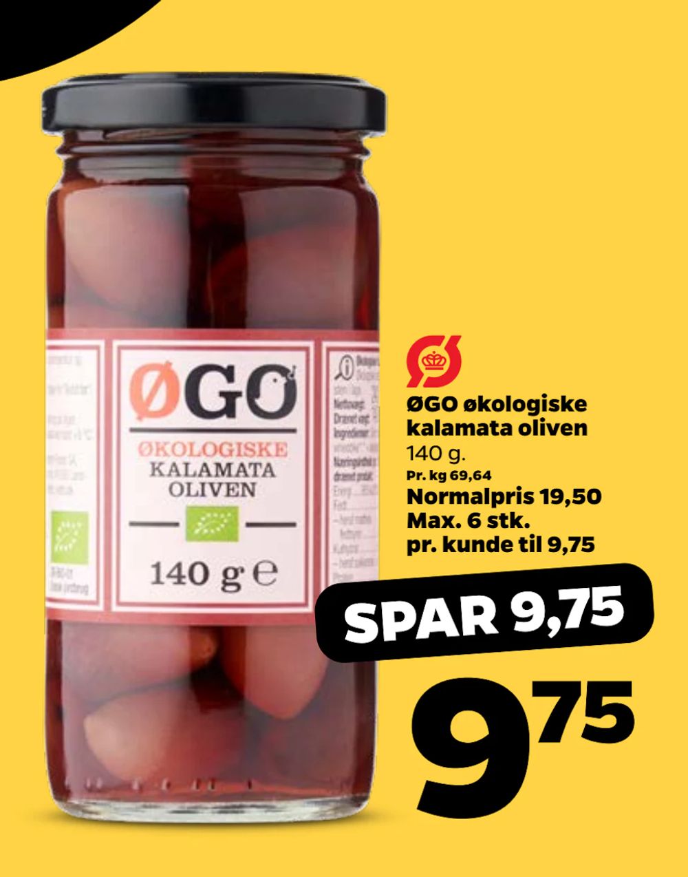 Tilbud på ØGO økologiske kalamata oliven fra Netto til 9,75 kr.