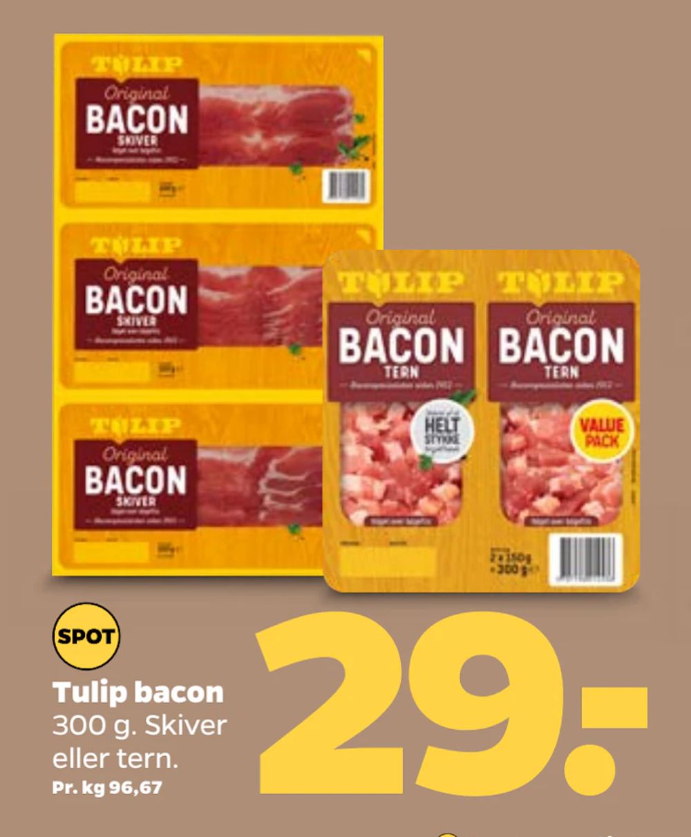 Tilbud på Tulip bacon fra Netto til 29 kr.