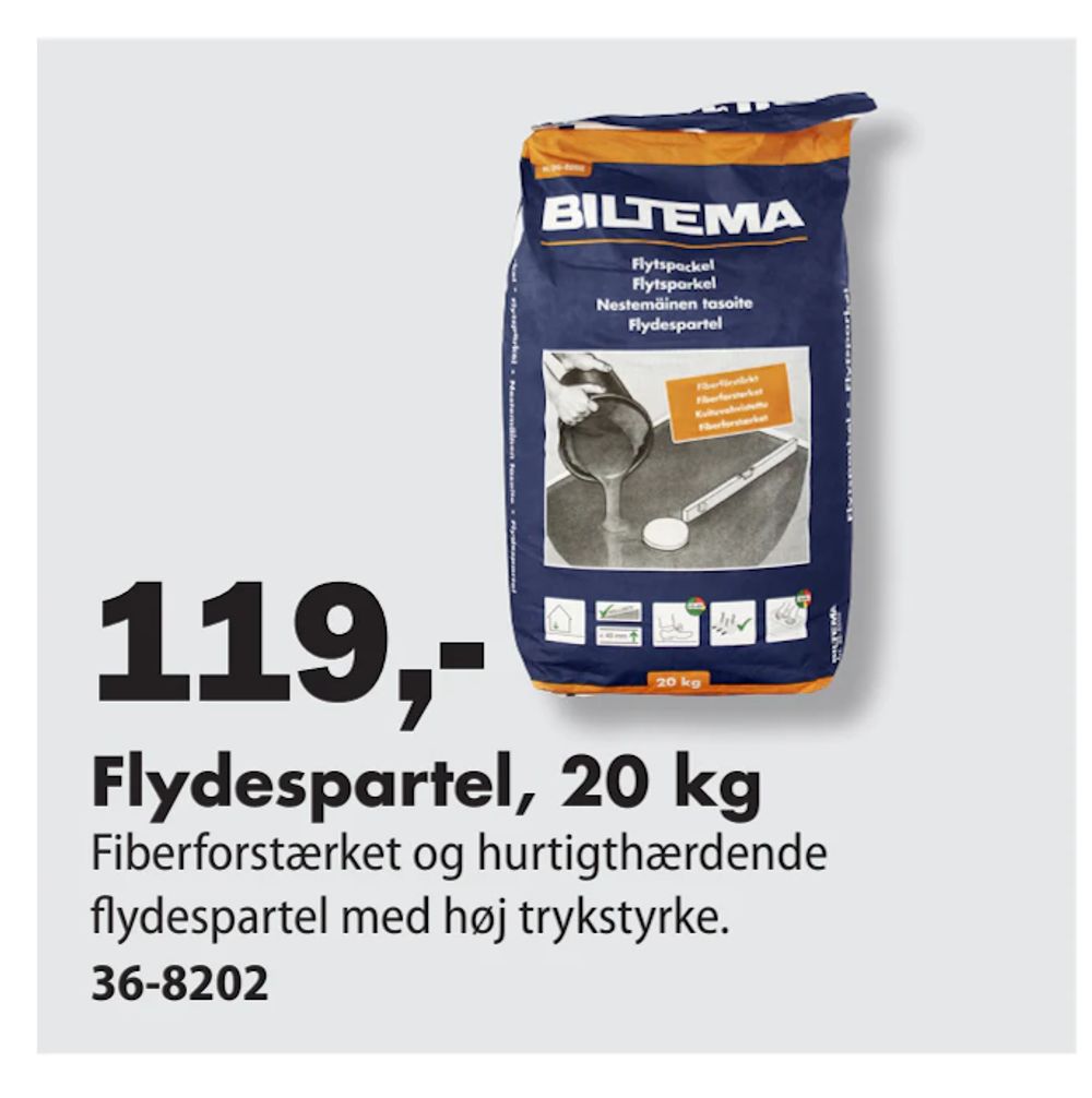 Tilbud på Flydespartel, 20 kg fra Biltema til 119 kr.