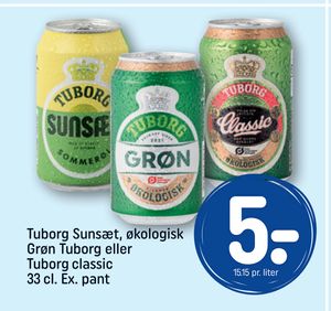 Tuborg Sunsæt, økologisk Grøn Tuborg eller Tuborg classic 33 cl. Ex. pant