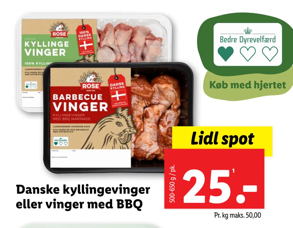 Tilbud på Danske kyllingevinger eller vinger med BBQ fra Lidl til 25 kr.