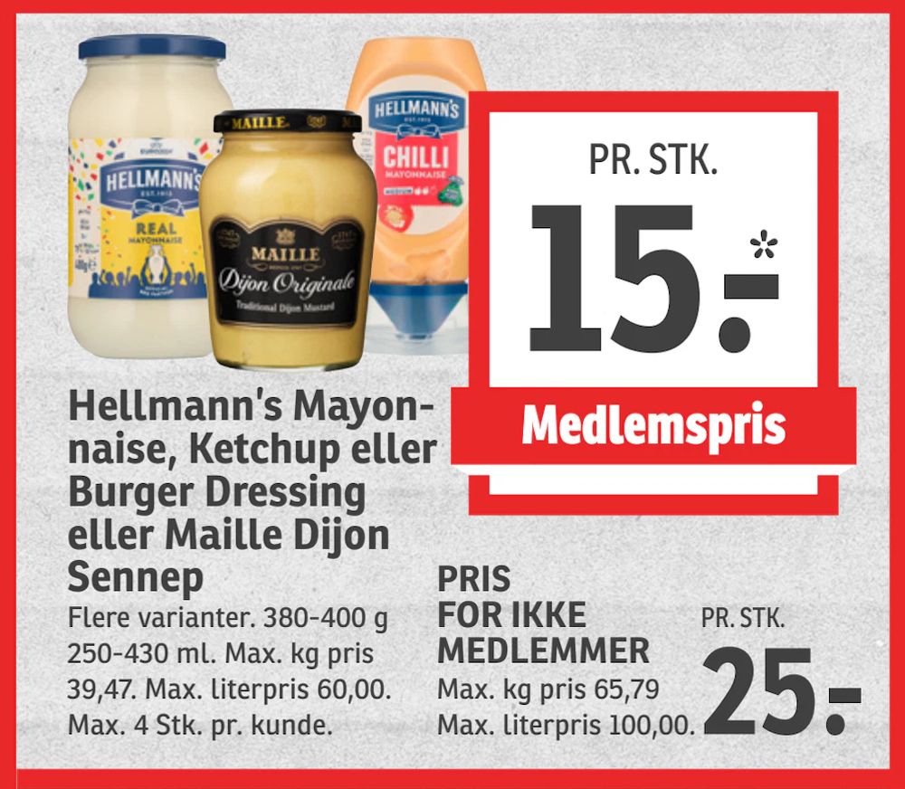 Tilbud på Hellmann’s Mayonnaise, Ketchup eller Burger Dressing eller Maille Dijon Sennep fra SPAR til 25 kr.