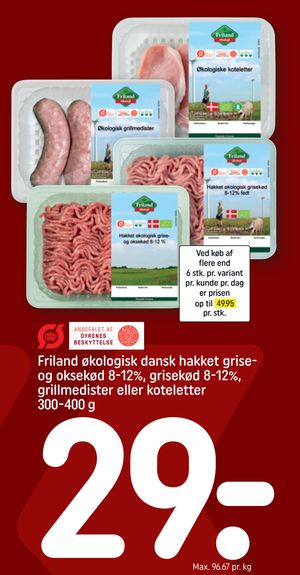 Friland økologisk dansk hakket grise- og oksekød 8-12%, grisekød 8-12%, grillmedister eller koteletter 300-400 g