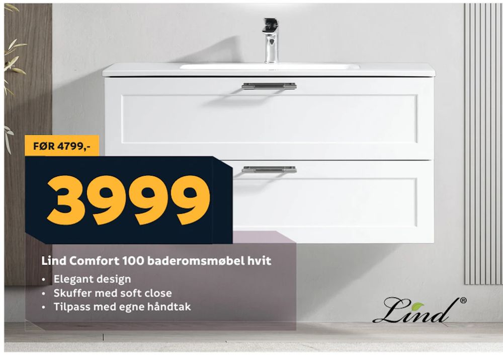 Tilbud på Lind Comfort 100 baderomsmøbel hvit fra Megaflis til 3 999 kr