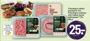 Frilandsgris hakket grisekød 8-12%, Frilandsgris medister eller hakket dansk kyllingekød 7-10% 400 g