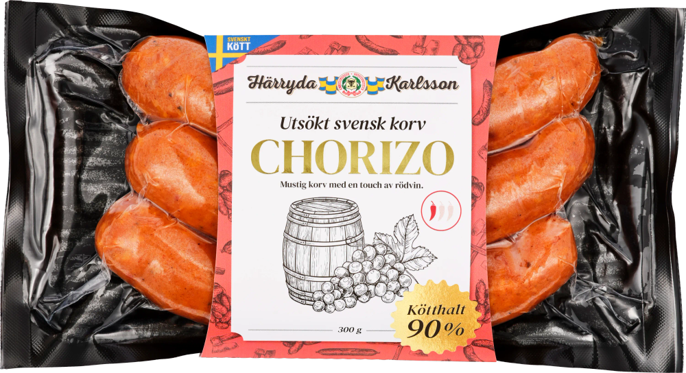 Erbjudanden på Chorizo Rödvin 90% Kötthalt 300 (Härryda Karlsson) från ICA Supermarket för 39,90 kr