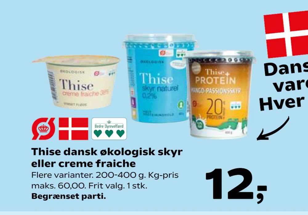 Tilbud på Thise dansk økologisk skyr eller creme fraiche fra SuperBrugsen til 12 kr.