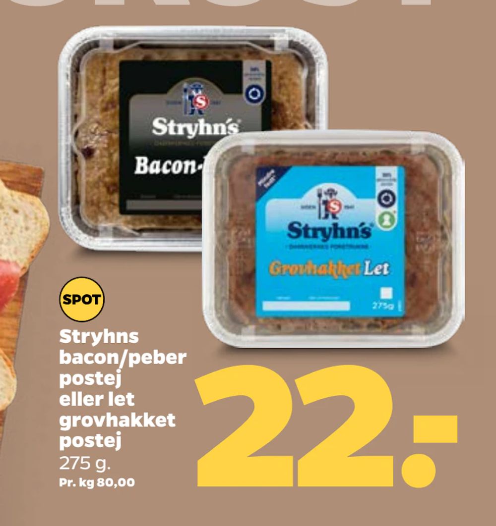 Tilbud på Stryhns bacon/peber postej eller let grovhakket postej fra Netto til 22 kr.