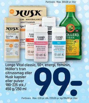 Longo Vital classic, 50+, energi, feminin, Möller's tran citrussmag eller Husk kapsler eller pulver 180-225 stk./ 450 g/250 ml