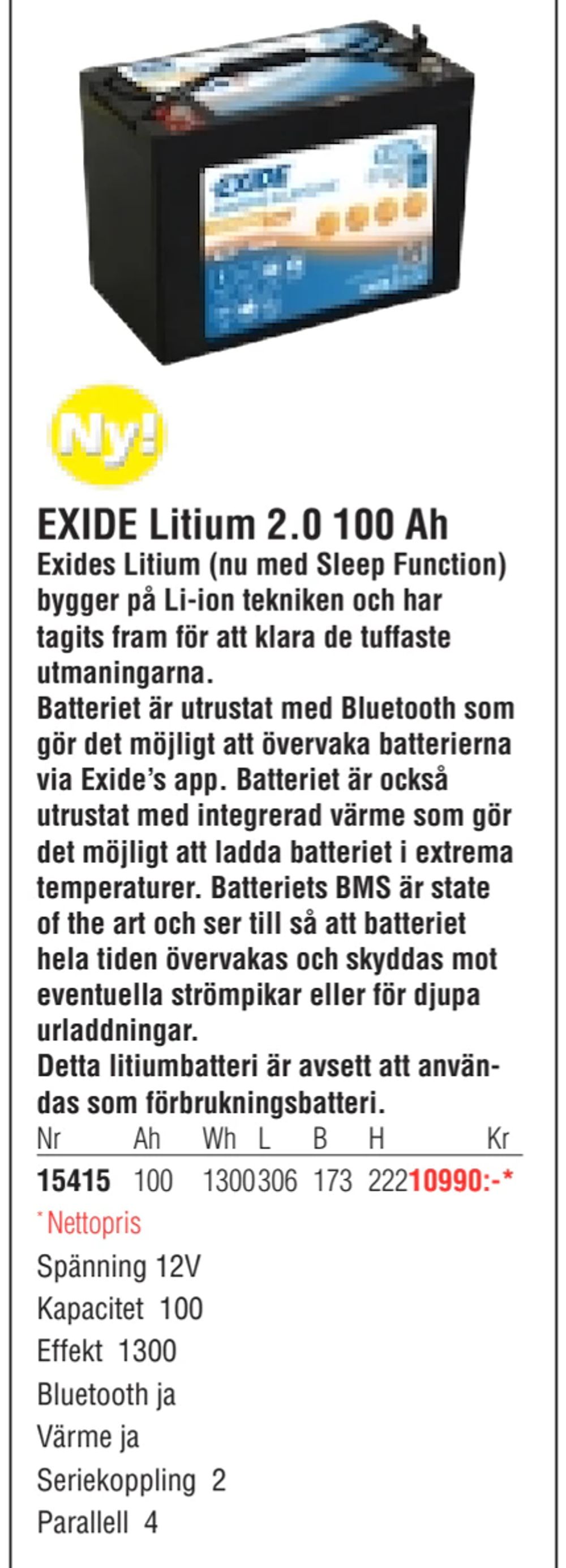 Erbjudanden på EXIDE Litium 2.0 100 Ah från Erlandsons Brygga för 10 990 kr