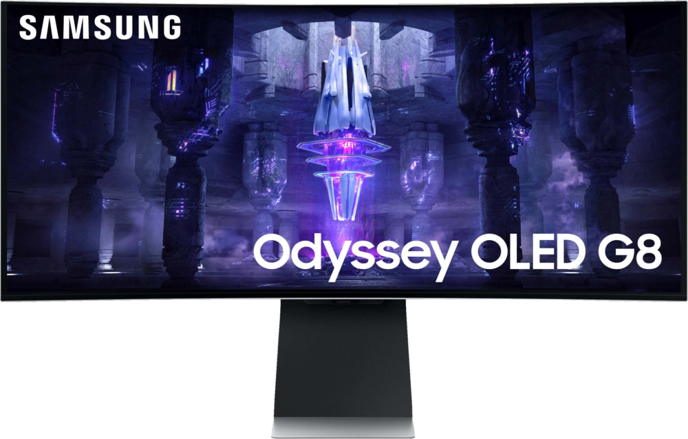 Tilbud på Samsung Odyssey G8 S34BG850S 34" buet OLED-skærm (sølv) fra Elgiganten til 5.699 kr.