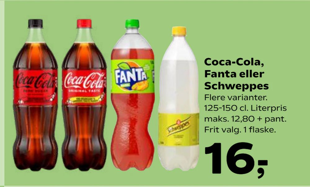 Tilbud på Coca-Cola, Fanta eller Schweppes fra SuperBrugsen til 16 kr.