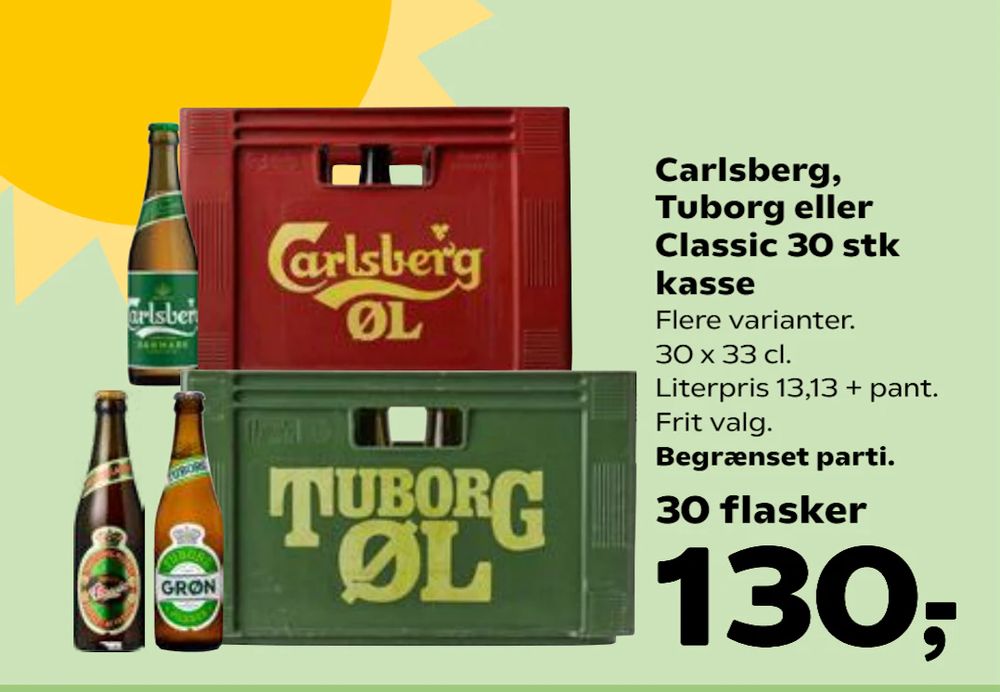 Tilbud på Carlsberg, Tuborg eller Classic 30 stk kasse fra Kvickly til 130 kr.