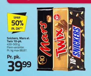Snickers, Mars el. Twix 10-pk