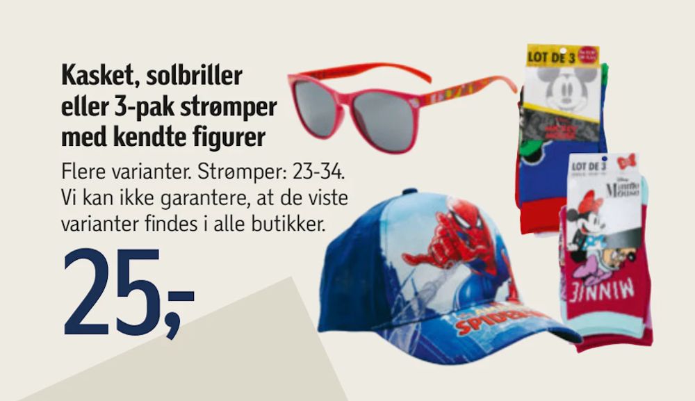 Tilbud på Kasket, solbriller eller 3-pak strømper med kendte figurer fra føtex til 25 kr.