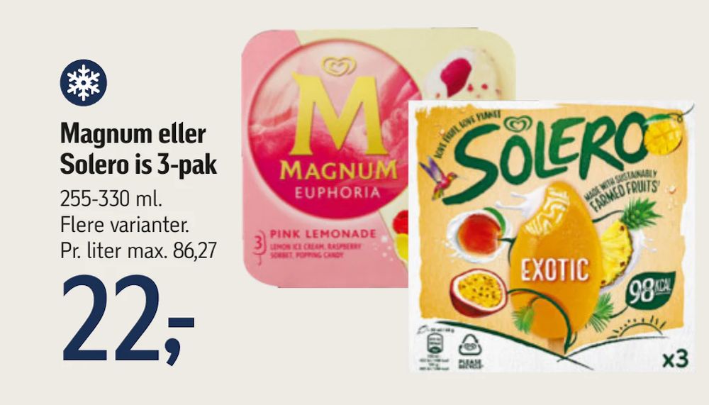 Tilbud på Magnum eller Solero is 3-pak fra føtex til 22 kr.