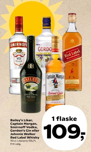 Bailey's Likør, Captain Morgan, Smirnoff Vodka, Gordon's Gin eller Johnnie Walker Red Label Whisky