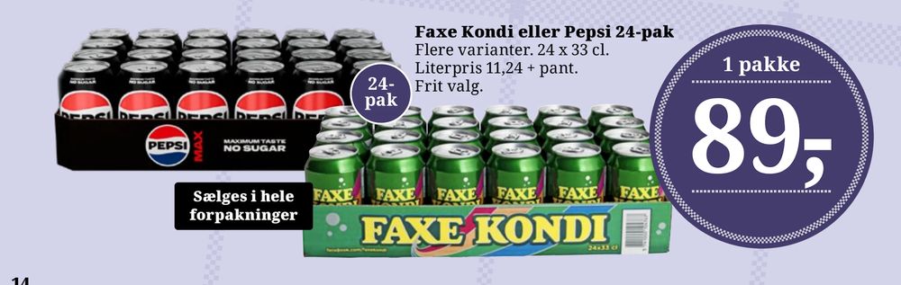 Tilbud på Faxe Kondi eller Pepsi 24-pak fra Brugsen til 89 kr.