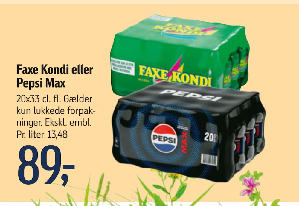 Tilbud på Faxe Kondi eller Pepsi Max fra føtex til 89 kr.