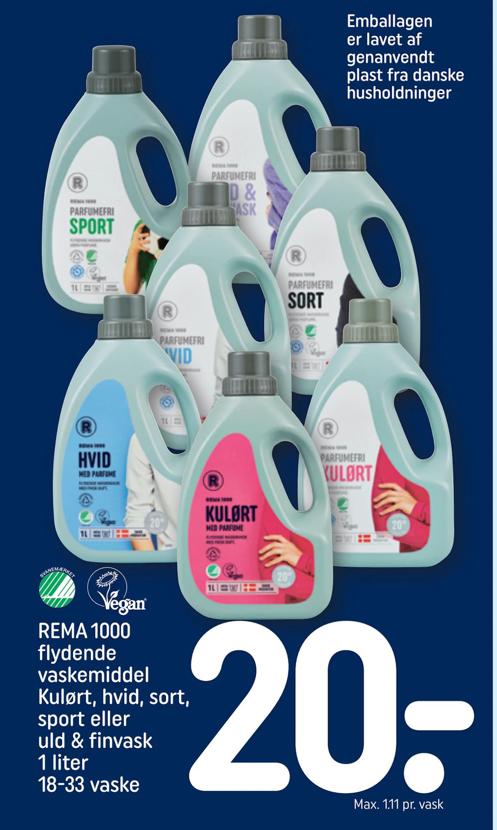 Tilbud på REMA 1000 flydende vaskemiddel Kulørt, hvid, sort, sport eller uld & finvask 1 liter 18-33 vaske fra REMA 1000 til 20 kr.