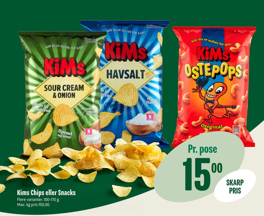 Tilbud på Kims Chips eller Snacks fra Min Købmand til 15 kr.