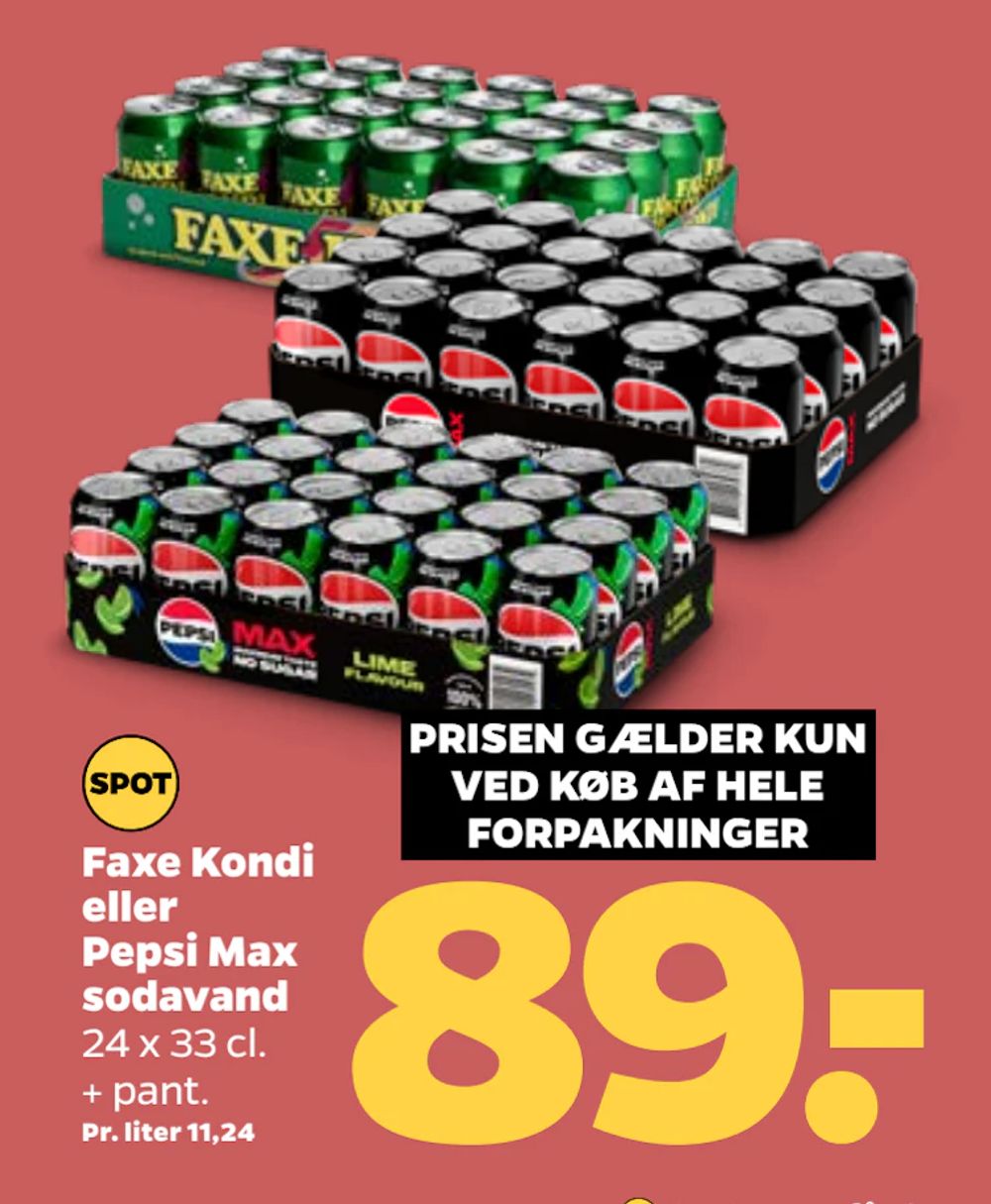 Tilbud på Faxe Kondi eller Pepsi Max sodavand fra Netto til 89 kr.