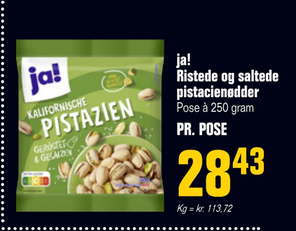 Tilbud på ja! Ristede og saltede pistacienødder fra Otto Duborg til 28,43 kr.