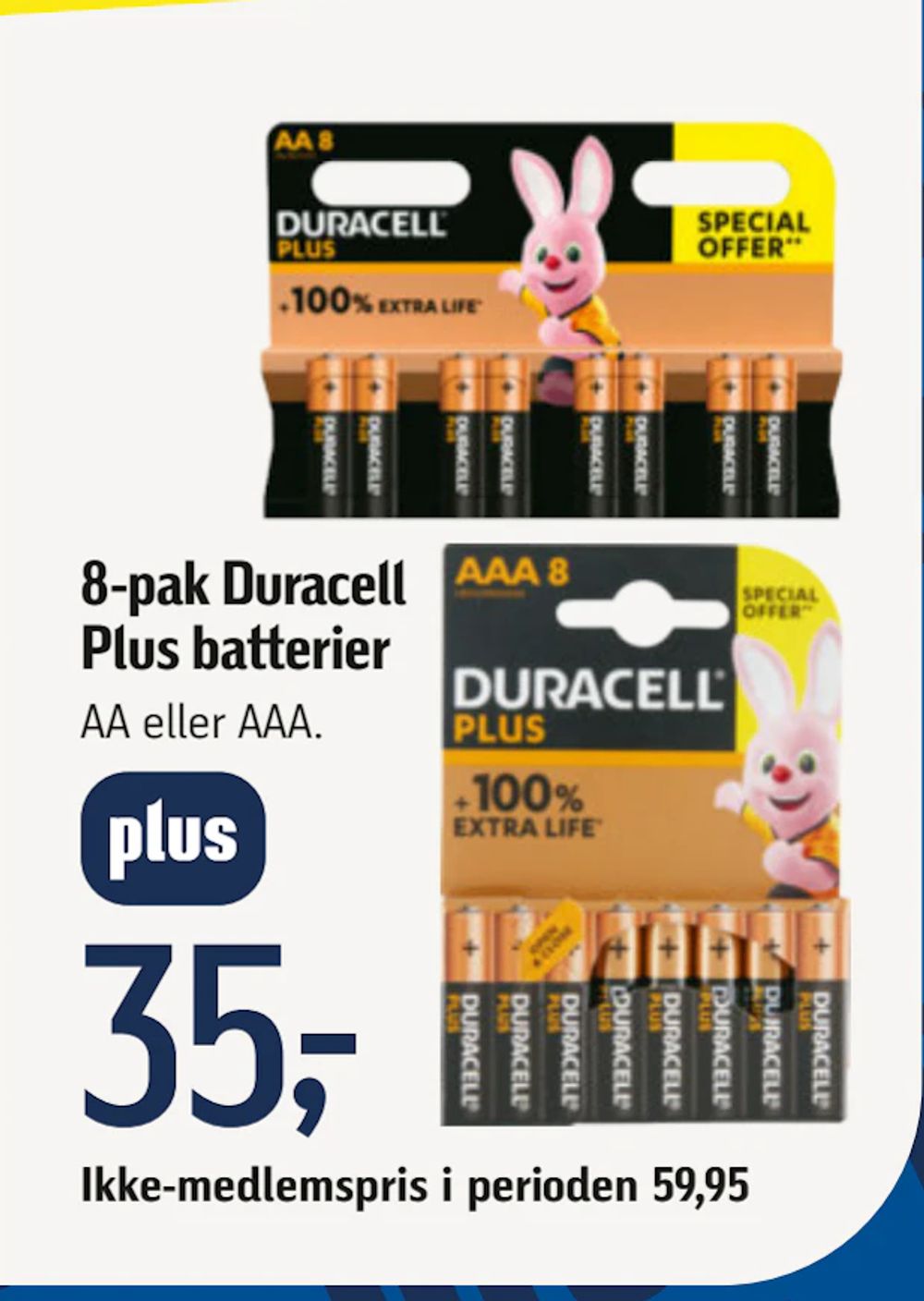 Tilbud på 8-pak Duracell Plus batterier fra føtex til 59,95 kr.